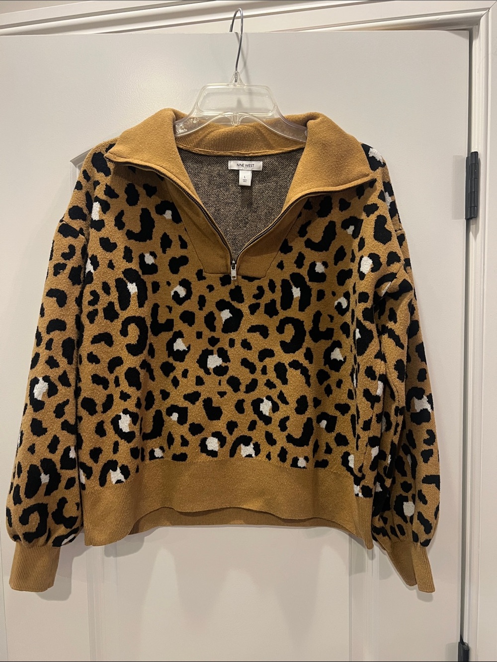 Nine West Half-Zip Leopard Pullover Sweater in Caramel